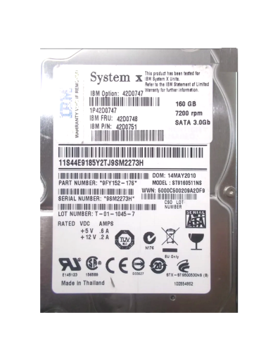 DYSK IBM 160GB SATA 7.2K 3G 2,5 42D0748