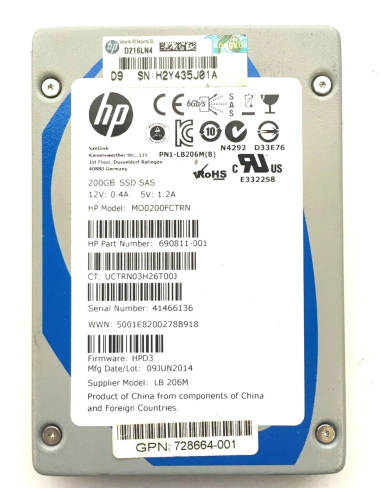 HP SANDISK 200GB SSD SAS 6G 2,5 690811-001