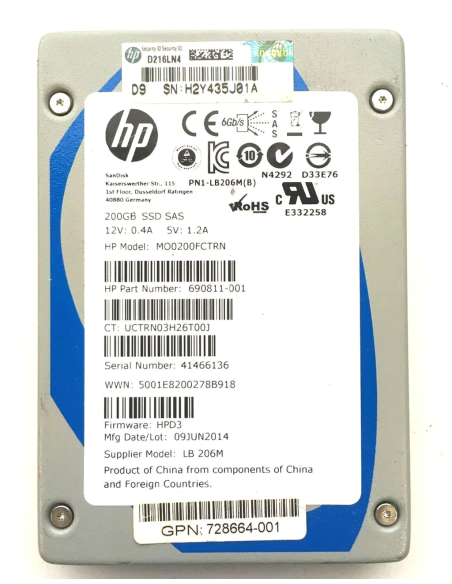 HP SANDISK 200GB SSD SAS 6G 2,5 690811-001