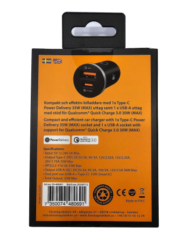 NOWA ŁADOWARKA SAMOCHODOWA FL 1xUSB A 1xUSB C 35W FL-CC691