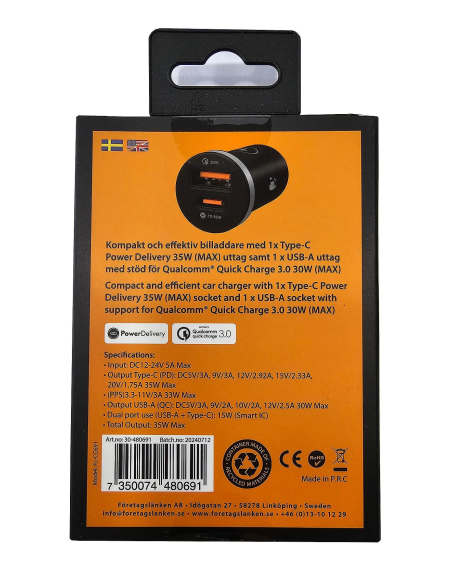 NOWA ŁADOWARKA SAMOCHODOWA FL 1xUSB A 1xUSB C 35W FL-CC691