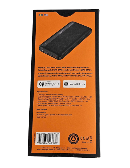 POWERBANK FL 10000mAh 20W CZARNY USB C/USB MICRO/USB KABEL SZYBKO ŁADUJE