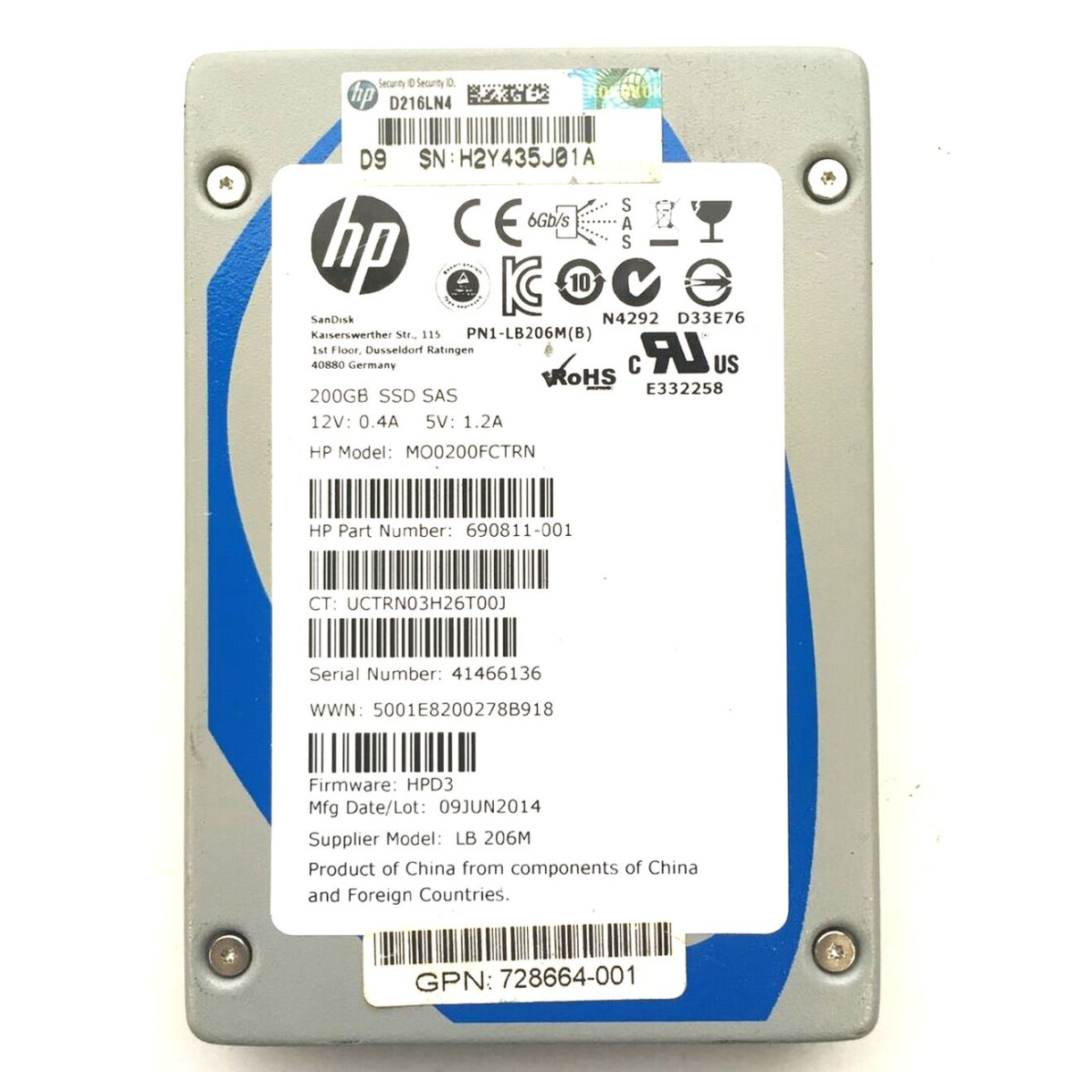 HP SANDISK 200GB SSD SAS 6G 2,5 690811-001