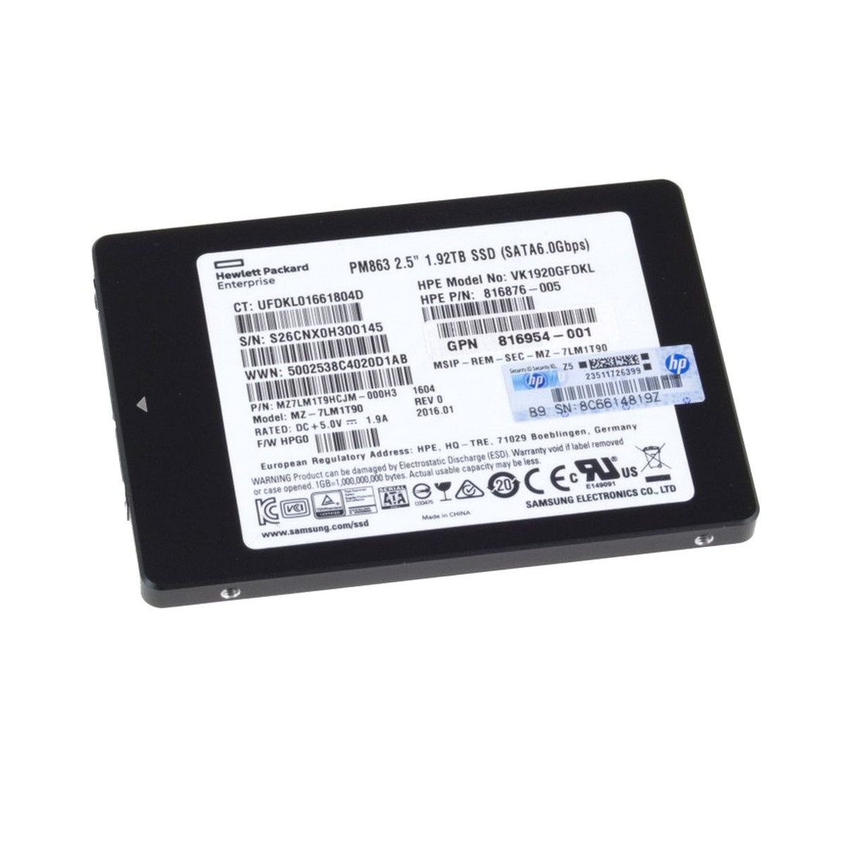 HPE 1.92TB SSD SATA MZ-7LM1T90 PM863 6G 816876-005
