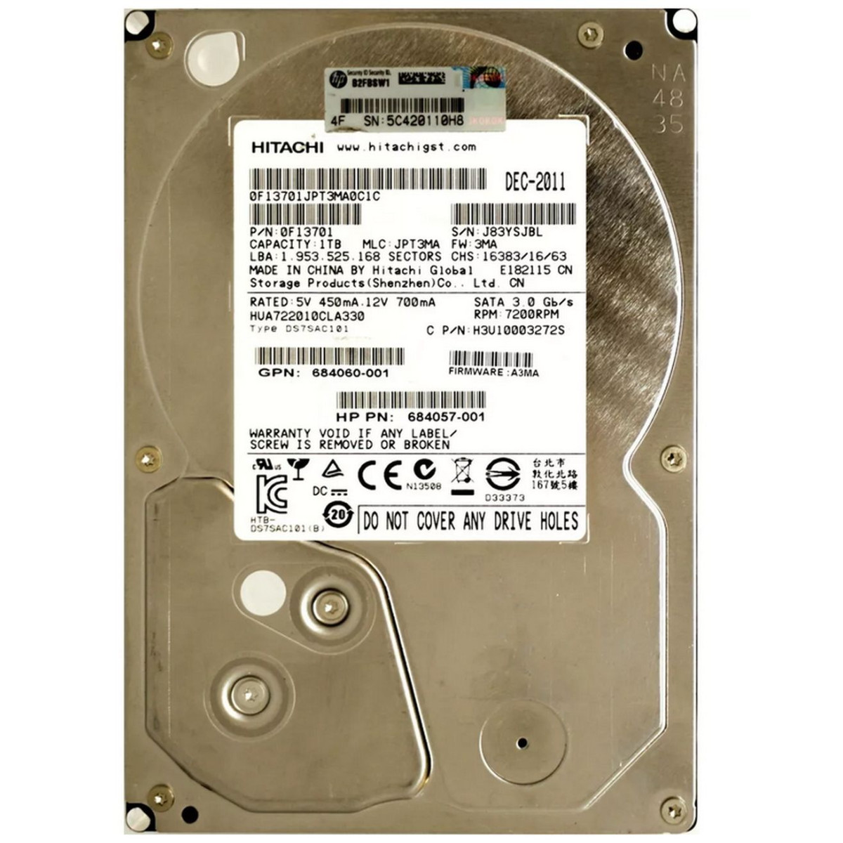 HP 1TB SATA HUA722010CLA330 3G 7.2K 3,5 684057-001 HP 1TB SATA HUA722010CLA330 3G 7.2K 3,5 684057-001