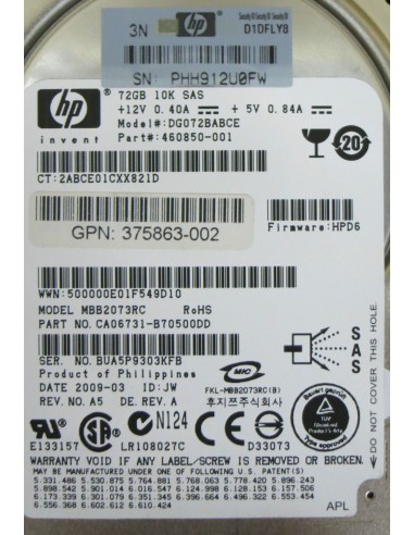DYSK HP 72GB SAS 10K 3G 2,5 460850-001