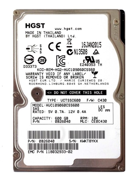 EMC HGST 600GB SAS 10K 6G 2.5 118032933-02