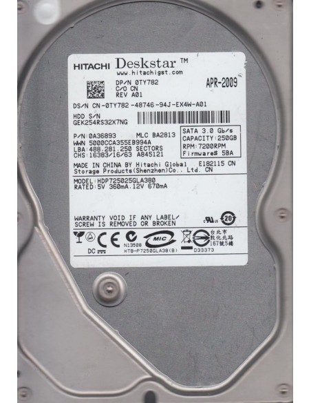 DYSK HITACHI DESKSTAR 250GB SATA 7.2K 3G 0A36893