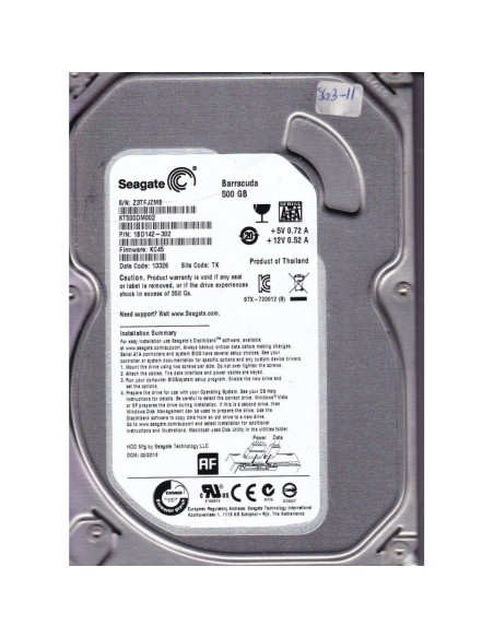 SEAGATE BARRACUDA 500GB SATA 6G 16MB CACHE 7.2K 3,5 ST500DM002 1BD142-302