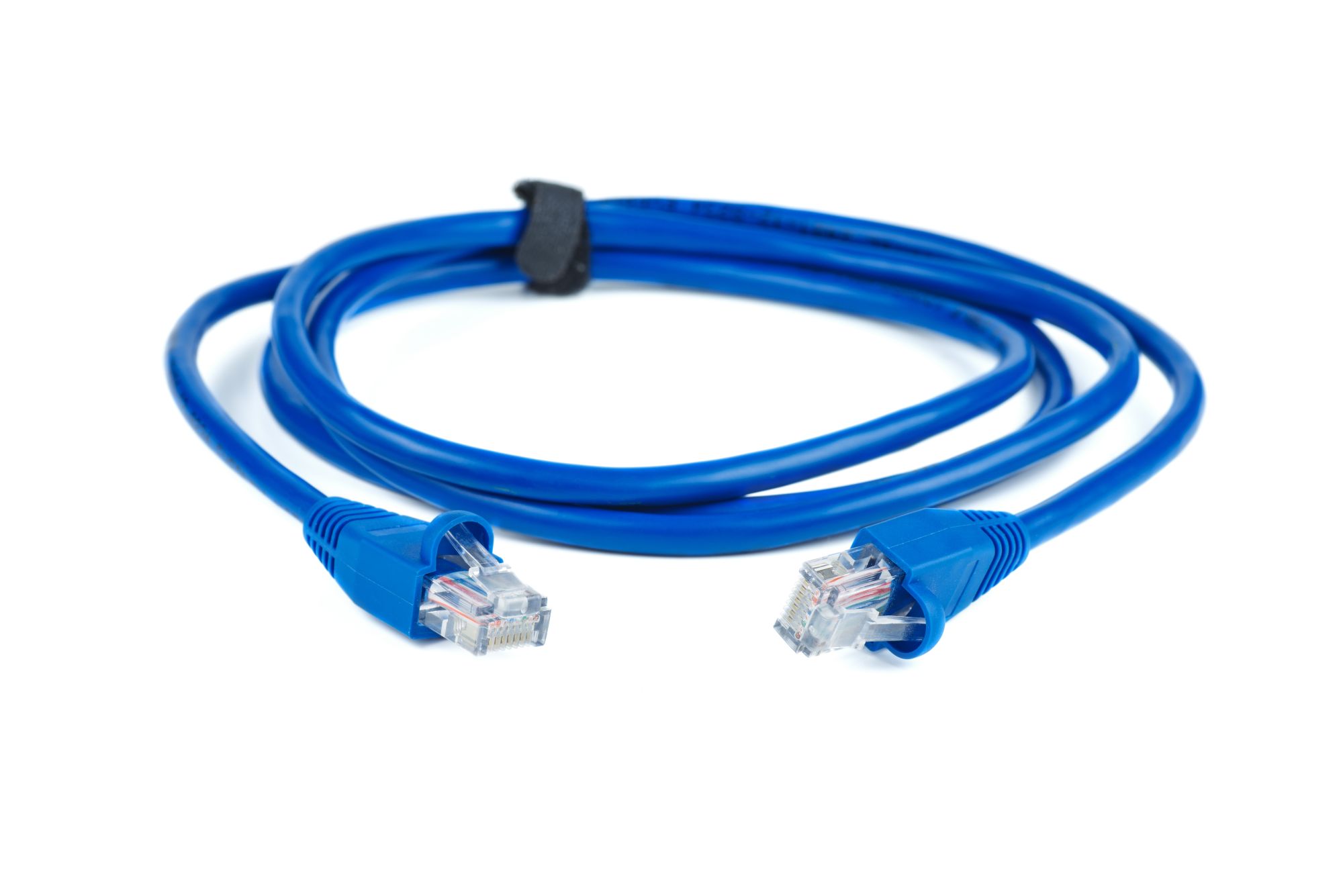 Niebieski kabel Ethernet RJ45 na białym tle